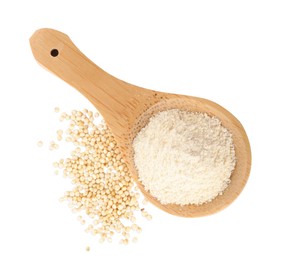 Photo of Wooden spoon with quinoa flour and seeds on white background, top view