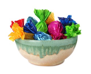 Bowl with candies in colorful wrappers isolated on white