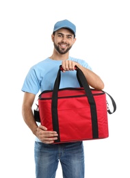 Photo of Young courier with thermo bag on white background. Food delivery service