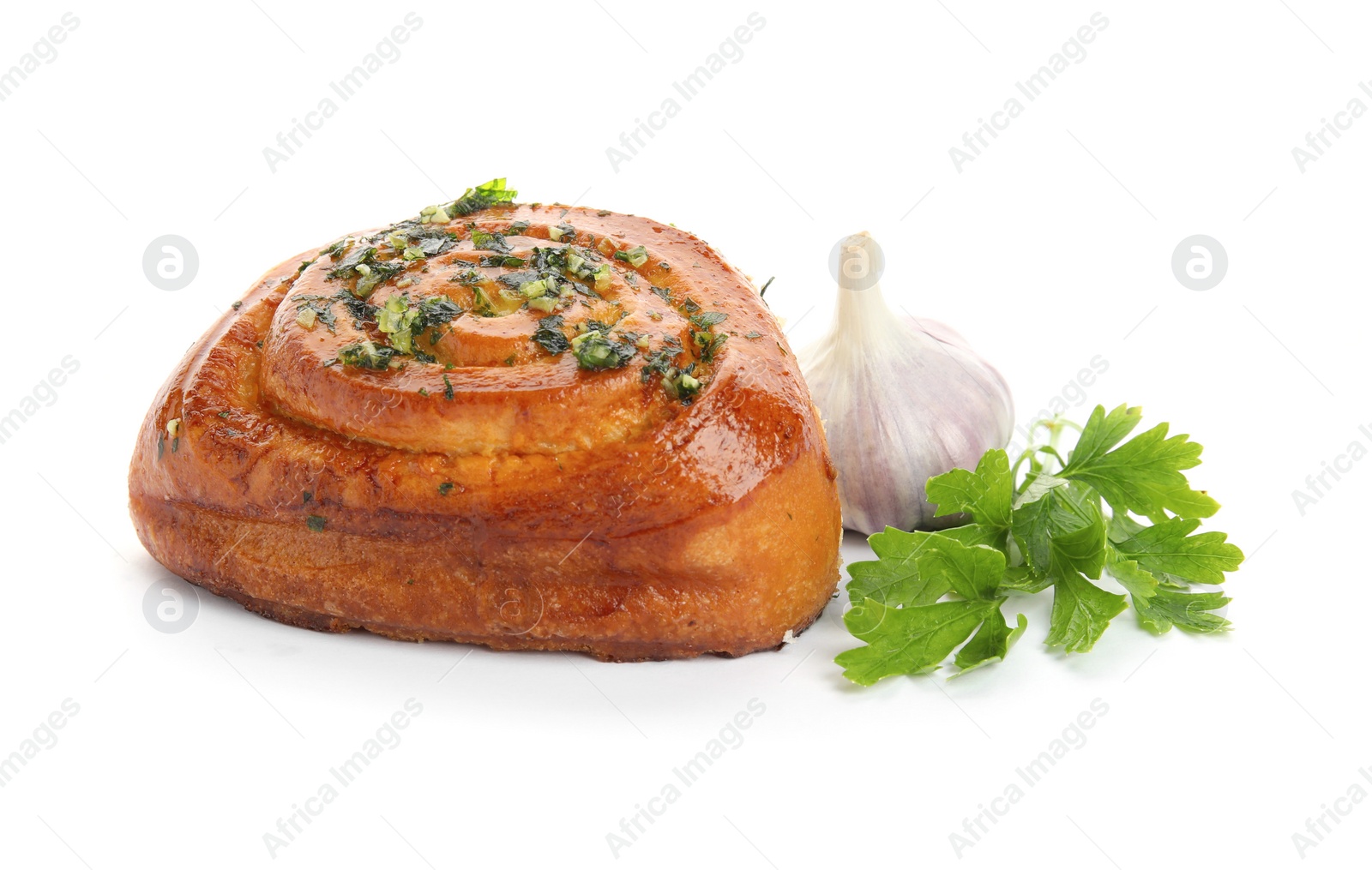 Photo of Traditional Ukrainian bread (Pampushky) with garlic and parsley on white background