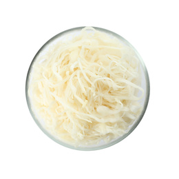 Photo of Glass bowl of tasty fermented cabbage isolated on white, top view