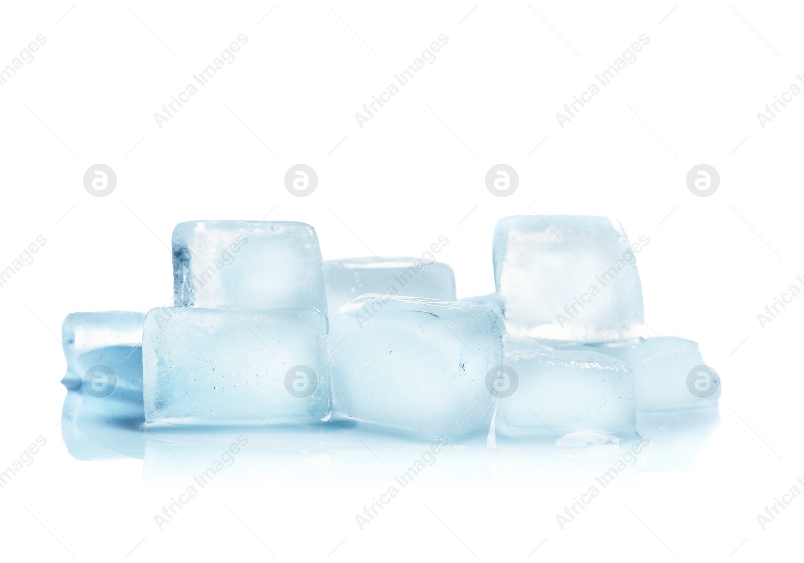 Photo of Ice cubes on white background. Frozen liquid