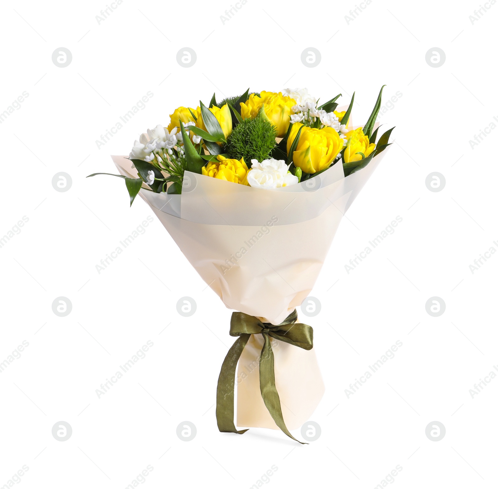 Photo of Beautiful bouquet with peony tulips isolated on white