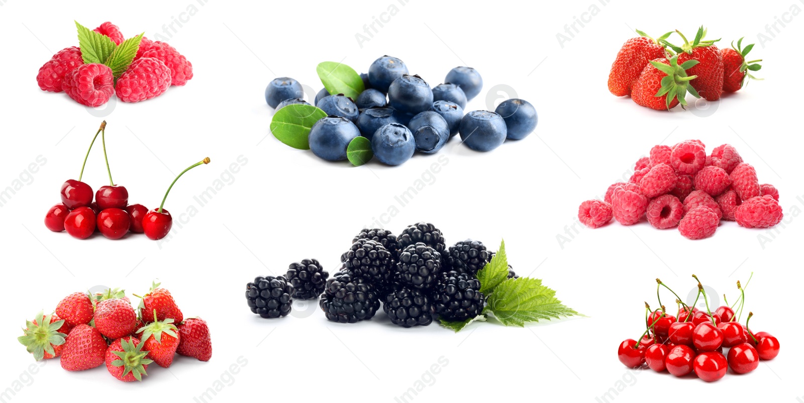 Image of Set of different ripe berries on white background. Banner design