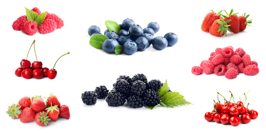 Image of Set of different ripe berries on white background. Banner design