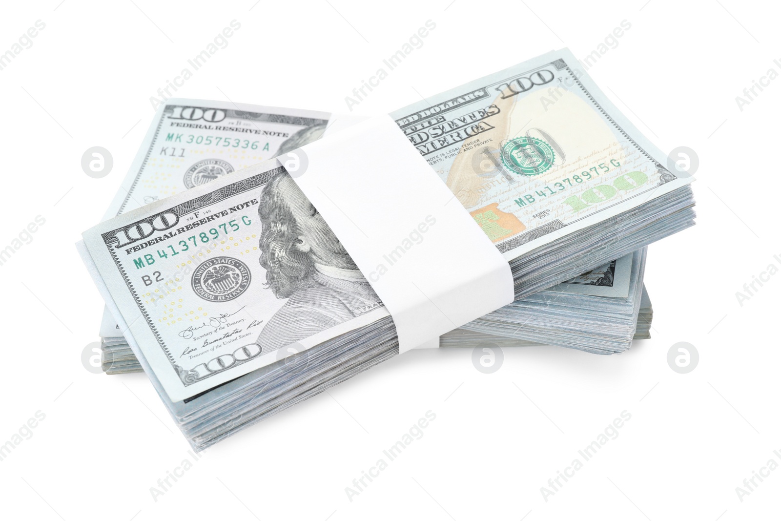 Photo of Bundles of dollar banknotes on white background. American national currency