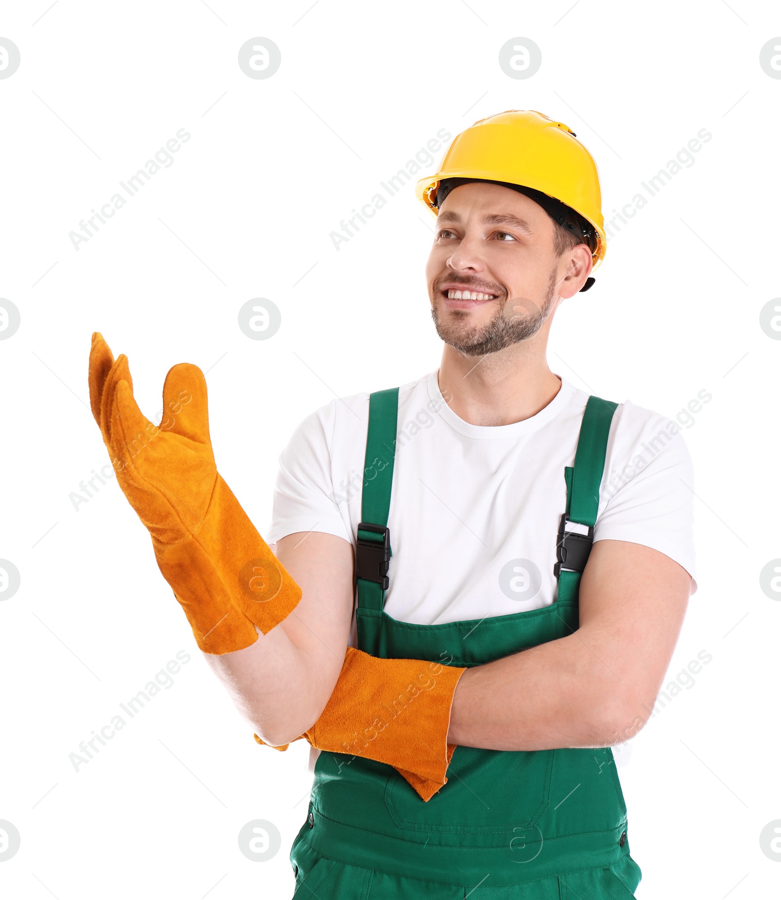 Photo of Male industrial worker in uniform on white background. Safety equipment