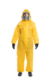 Photo of Woman wearing chemical protective suit on white background. Virus research