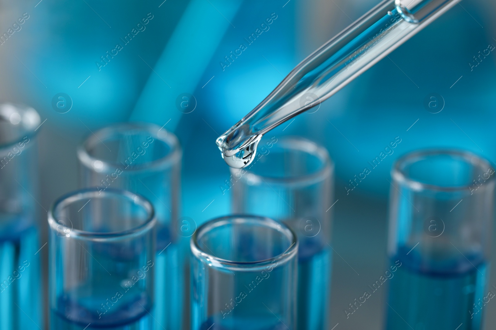 Photo of Dripping liquid from pipette into test tube in laboratory, closeup