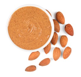 Photo of Delicious nut butter and almonds isolated on white, top view