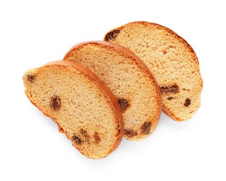 Photo of Sweet hard chuck crackers with raisins on white background, top view