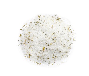 Photo of Heap of natural herb salt on white background, top view