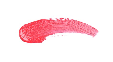 Photo of Stroke of pink lip gloss isolated on white, top view