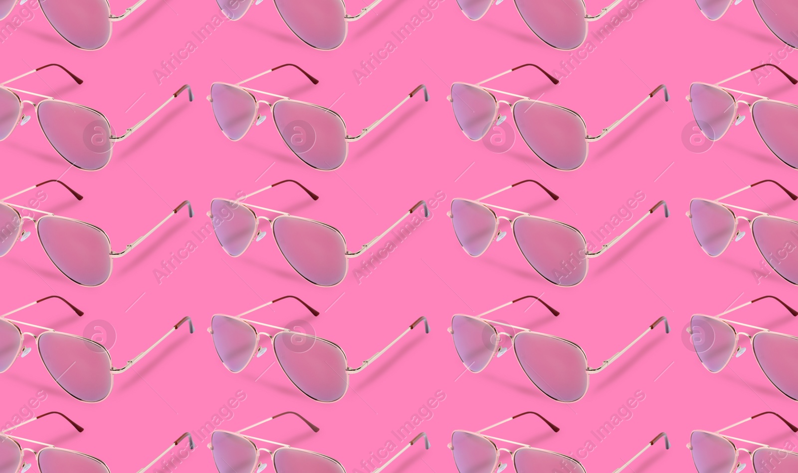 Image of Many stylish sunglasses on pink background. Seamless pattern design