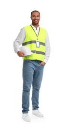 Photo of Engineer with hard hat and badge on white background