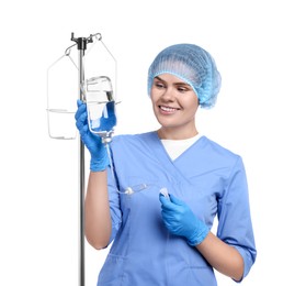 Photo of Nurse setting up IV drip on white background