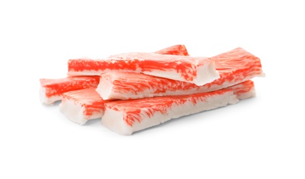 Delicious fresh crab sticks isolated on white