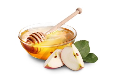 Image of Honey in bowl and cut apple isolated on white