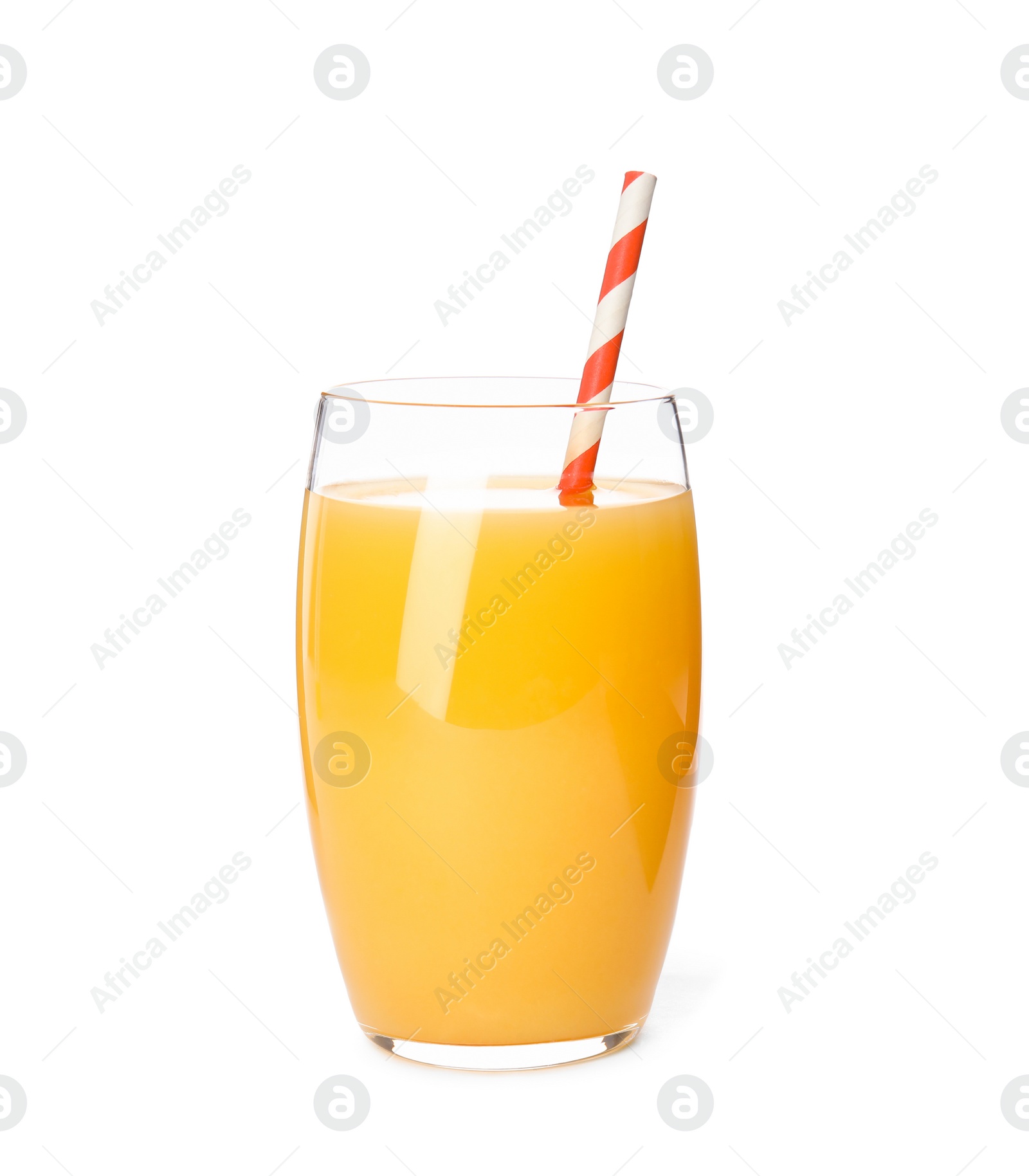 Photo of Glass of orange juice on white background