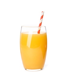 Glass of orange juice on white background