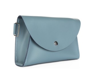 Light blue women's envelope belt bag isolated on white