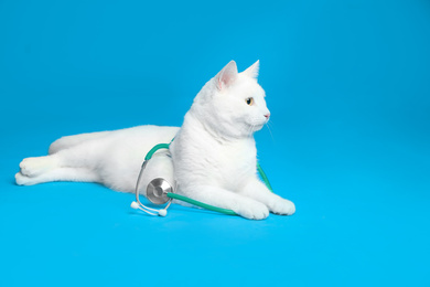 Photo of Cute cat with stethoscope as veterinarian on light blue background