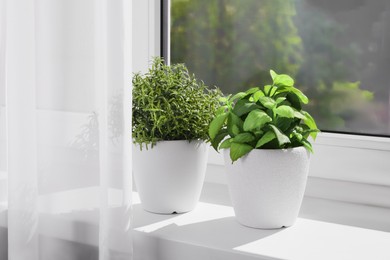 Artificial potted herbs on sunny day on windowsill indoors. Home decor