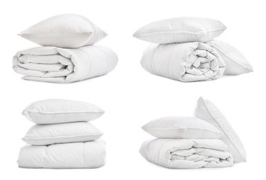 Image of Set of blankets and pillows isolated on white