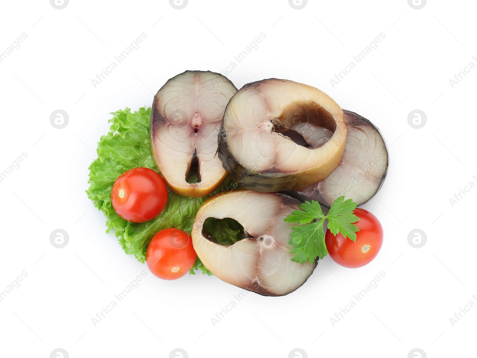 Photo of Slices of tasty smoked mackerel with tomatoes and lettuce on white background, top view