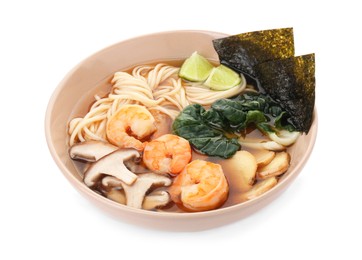 Photo of Delicious ramen with shrimps and mushrooms in bowl isolated on white. Noodle soup