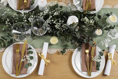 Photo of Stylish elegant table setting for festive dinner, flat lay