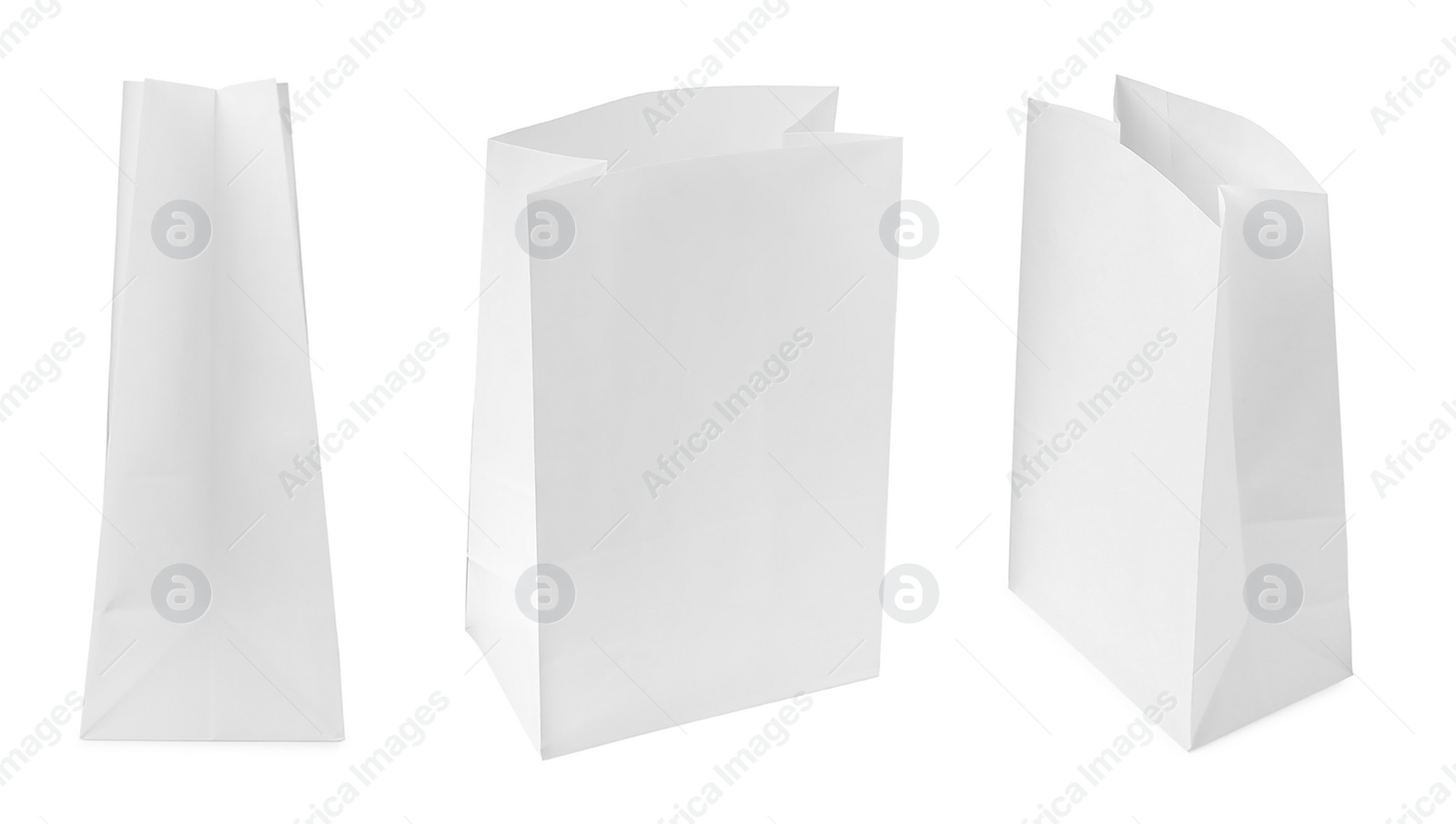 Image of Set with paper bags on white background 