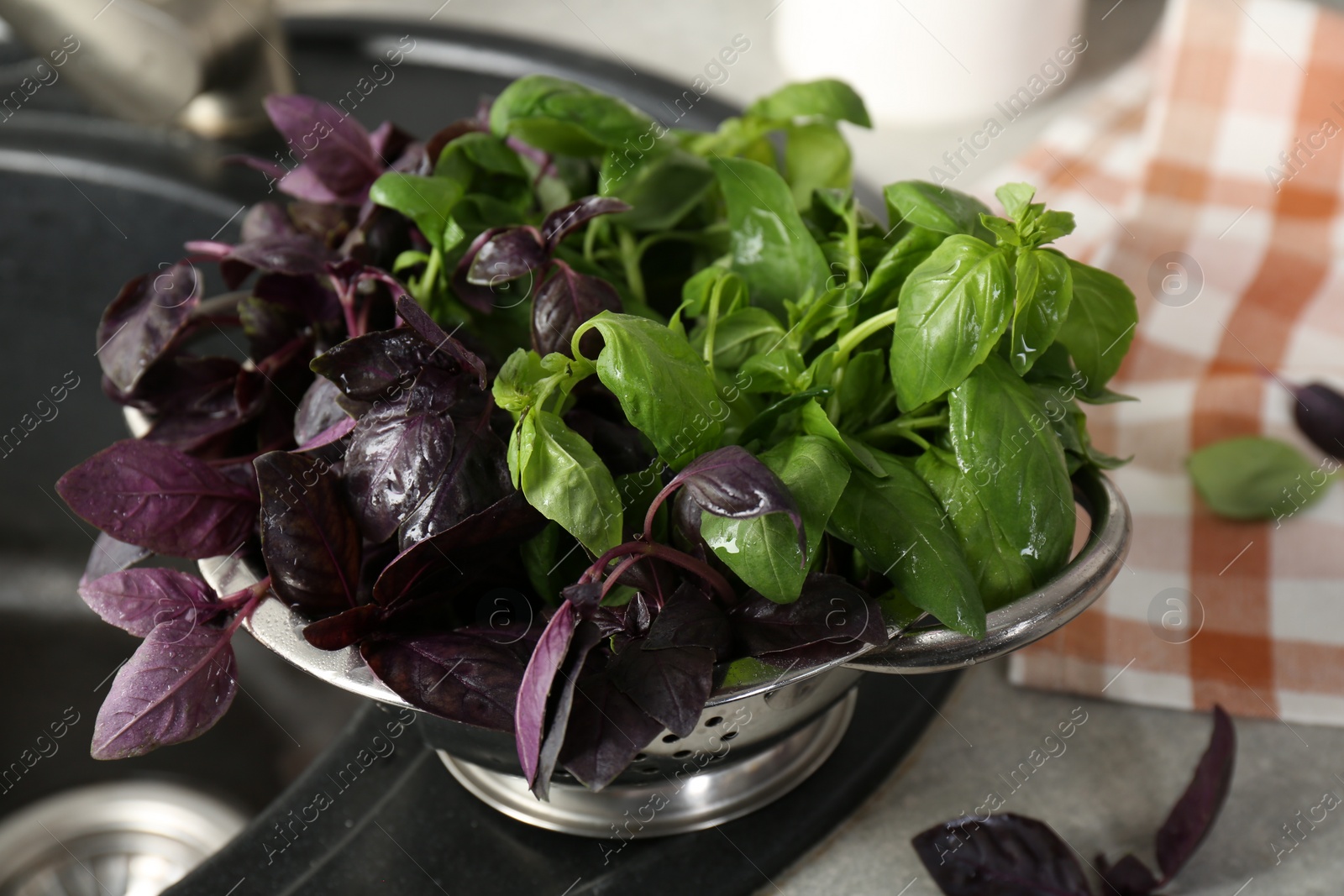 Photo of Metal colander with different fresh basil leaves on sink