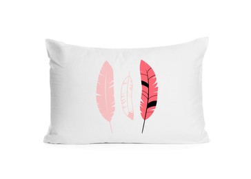 Image of Soft pillow with printed feathers isolated on white