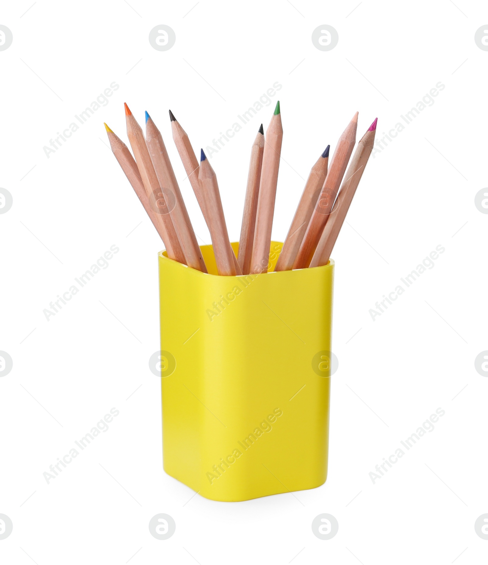 Photo of Many colorful pencils in holder isolated on white