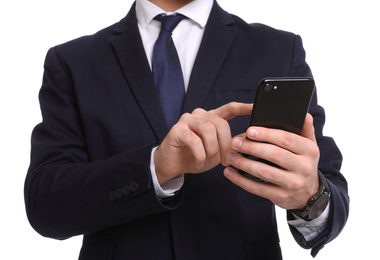 Photo of Young businessman with smartphone on white background, closeup