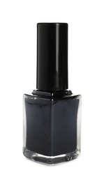 Photo of Black nail polish in bottle isolated on white
