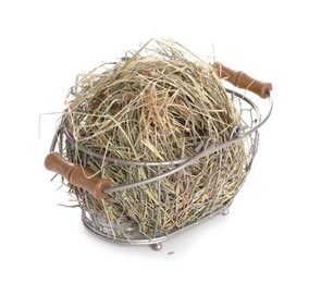 Photo of Dried hay in metal basket isolated on white