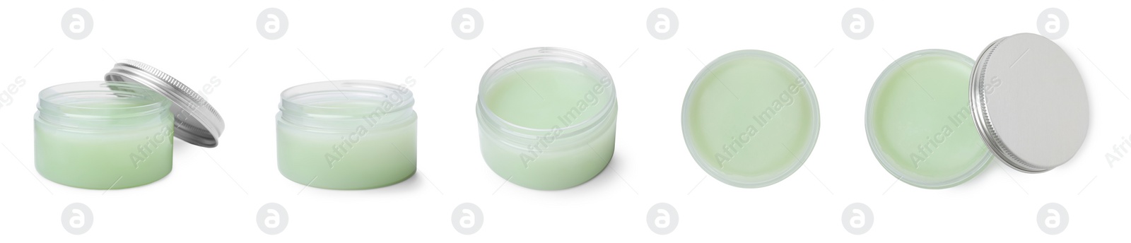 Image of Collage with green petroleum jelly in jar on white background, different sides. Cosmetic petrolatum