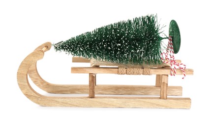 Wooden sleigh with decorative fir tree on white background. Christmas holidays