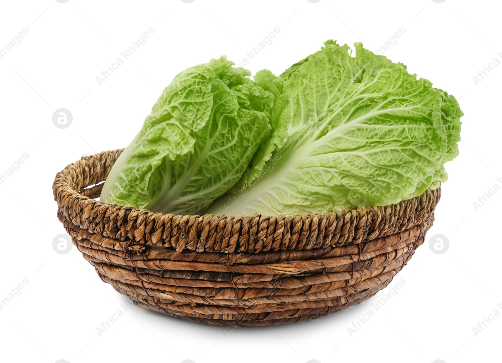 Photo of Fresh tasty Chinese cabbages in wicker basket on white background