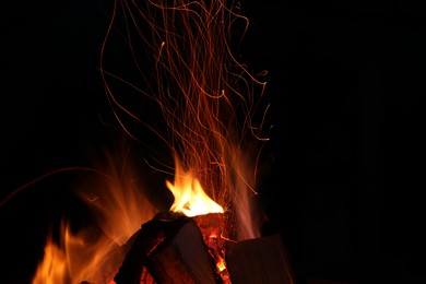 Photo of Beautiful bright bonfire with burning wood outdoors at night, space for text