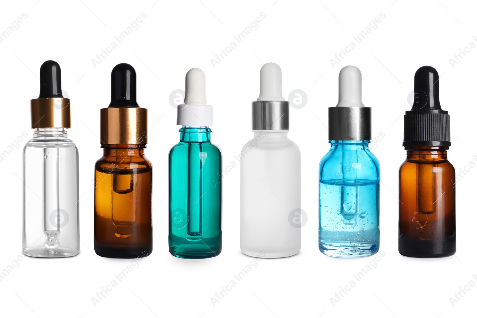 Image of Serums in different bottles isolated on white, collection