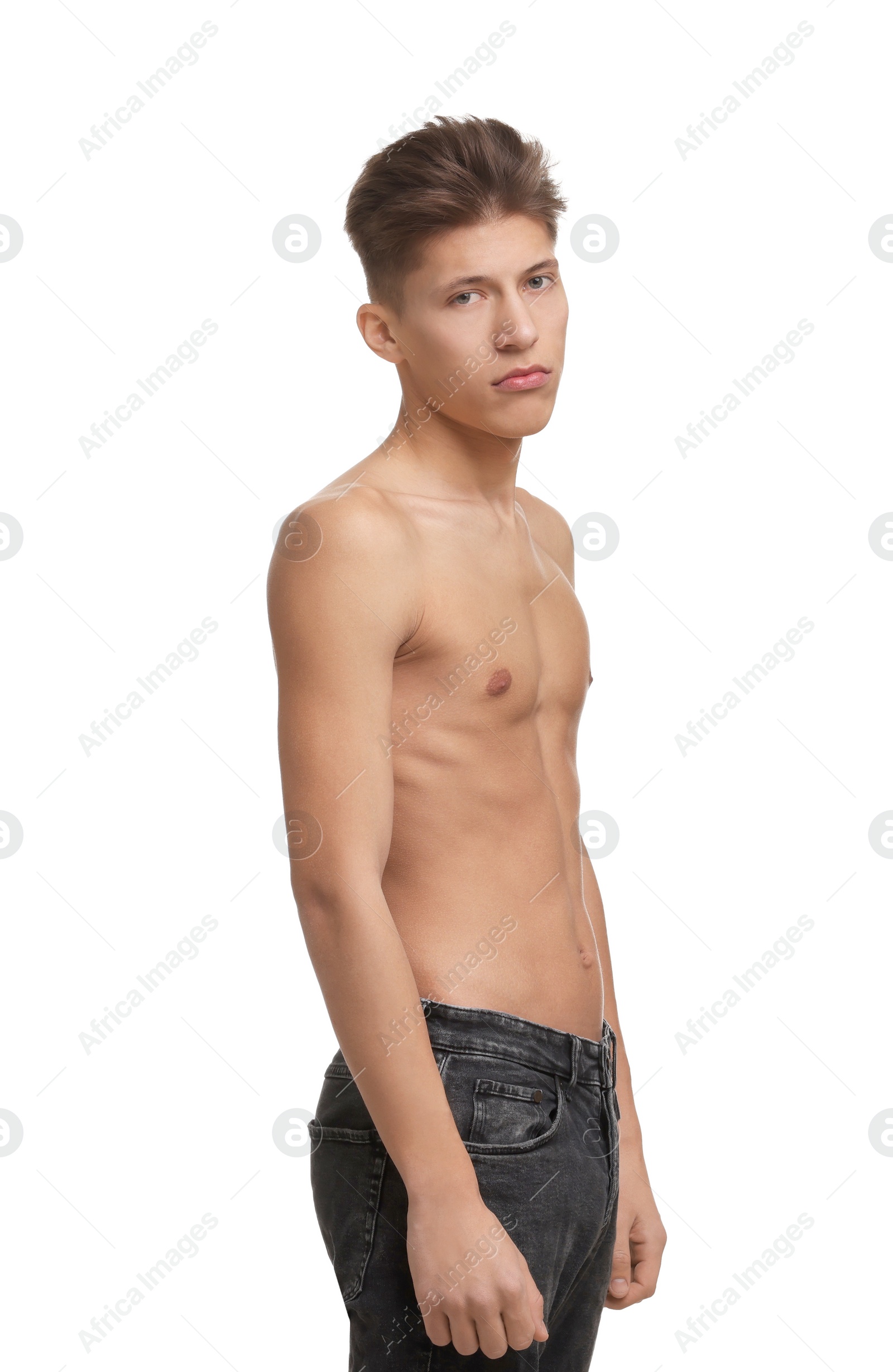 Photo of Shirtless man with slim body isolated on white