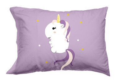 Image of Soft pillow with printed cute unicorn isolated on white