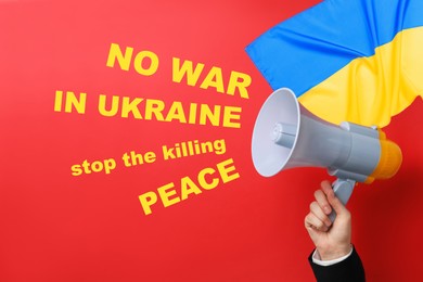 Image of Stop war in Ukraine. Woman with megaphone, Ukrainian national flag and inscriptions on red background