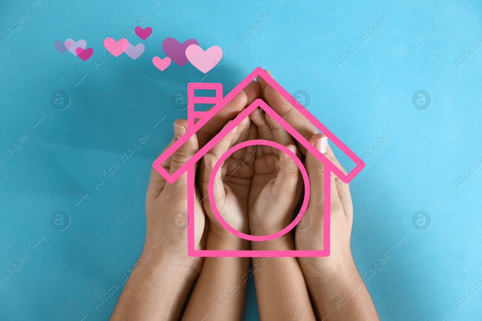 Image of Mother holding hands with child and illustration of house on blue background, top view. Adoption concept