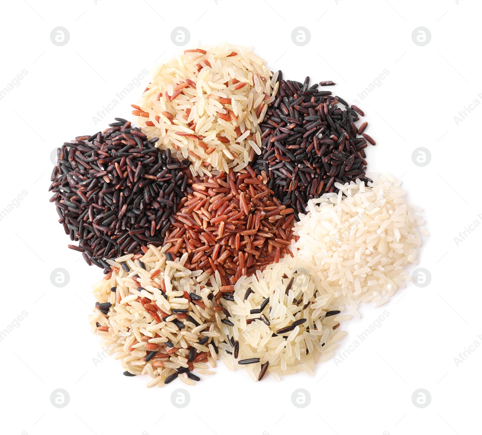 Photo of Different types of brown and polished rice isolated on white, top view