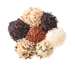 Photo of Different types of brown and polished rice isolated on white, top view