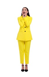 Photo of Beautiful businesswoman in yellow suit on white background